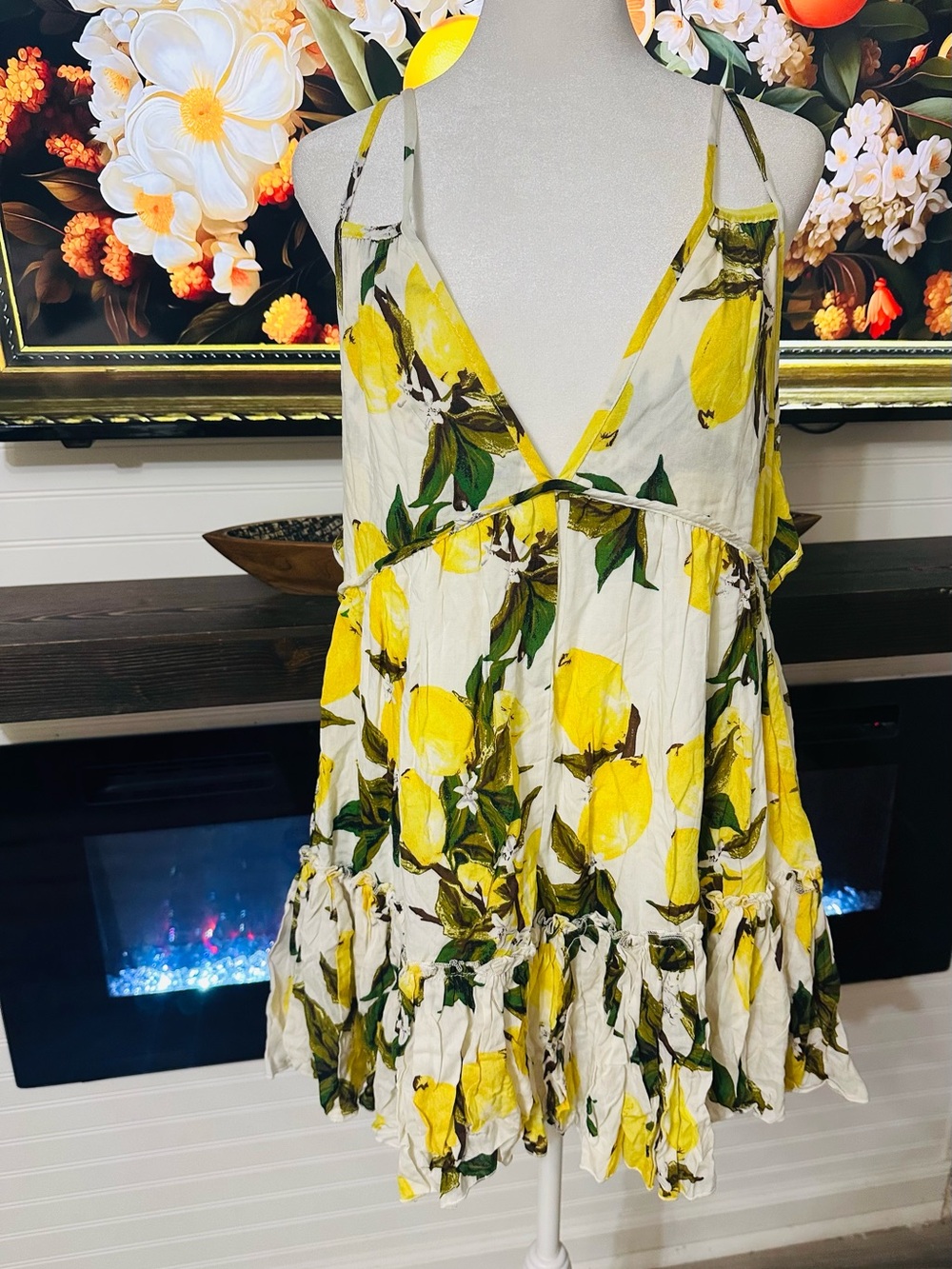 Floral Lemon Print Mini Dress - Yellow